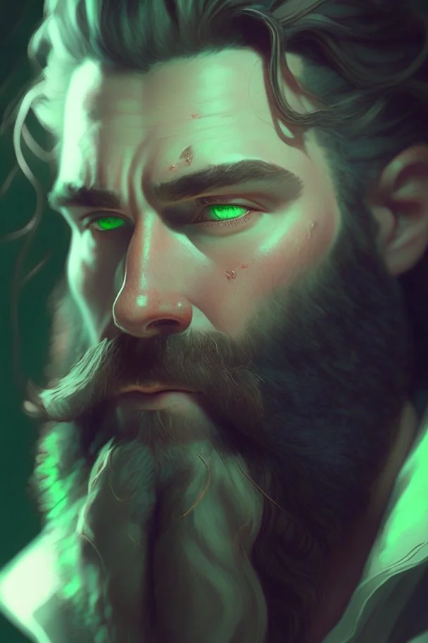 photorealistic white male bearded handsome, hyperdetailed painting, luminism, Bar lighting, complex, dark green miltary, 4k resolution concept art, Artgerm, WLOP, Alphonse Mucha, 3d render, octane render, intricately detailed, cinematic, awesome full color, hand drawn, dark, gritty, cinematic