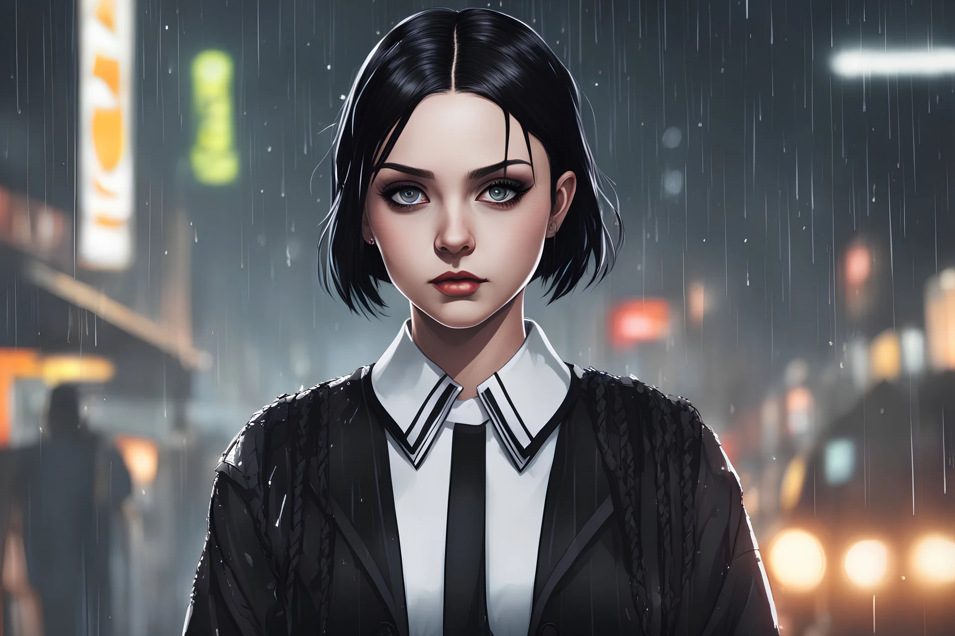 wednesday addams with short black hair in 8k 2D anime realistic drawing style, Gothic them, neon effect, close picture, rain, highly detailed, high details, detailed portrait, masterpiece,ultra detailed, ultra quality