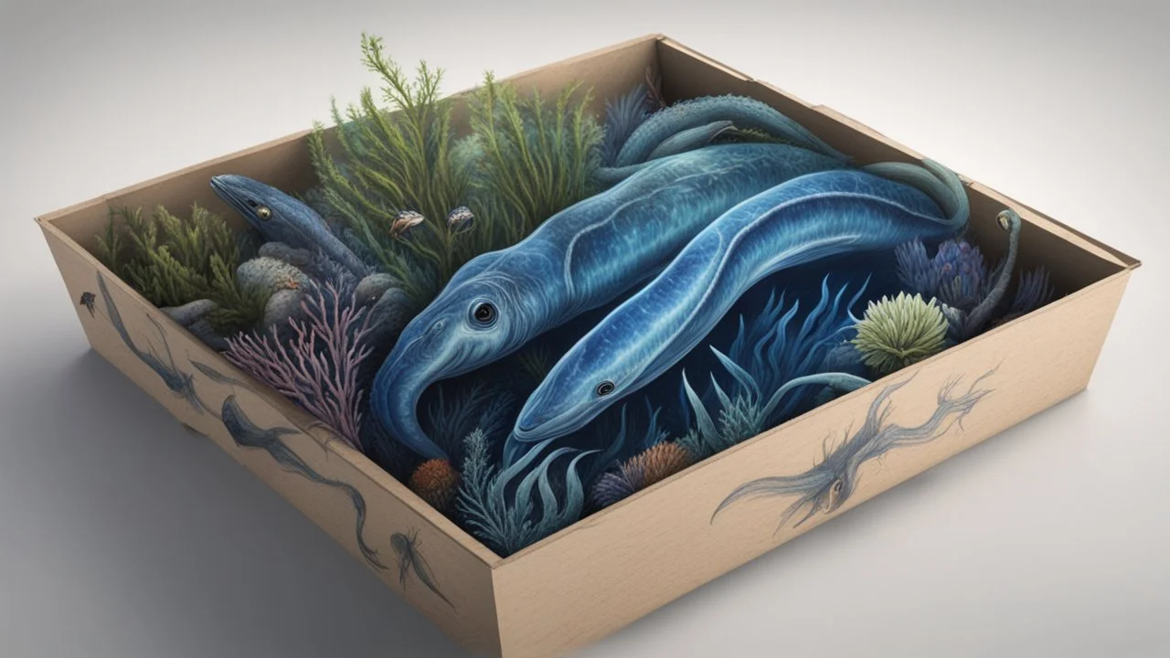 creatures, plants from subanautica from deep sea, drawn on the box, leviathan biom, plants, kyanite ,very realistic 4k