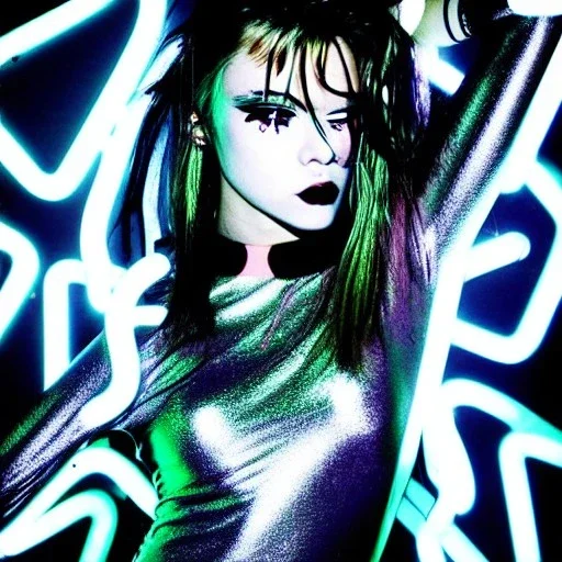 A 1990s or early 2000s magazine party photoshoot. Neon blob, metallic spikes, ethereal. Extremely detailed, HD photography, high quality, stylized, dramatic, high contrast, high exposure.