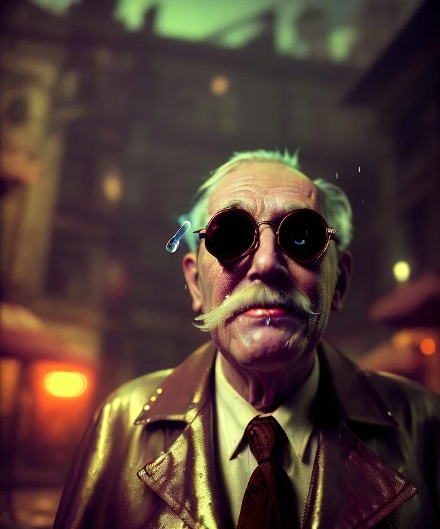 Surreal, steampunk, cabaret scene. old man. Sunglasses, rain, smoking, happy, hot, people background, highly detailed, concept art, unreal engine 5, god rays, ray tracing, RTX, lumen lighting, ultra detail, volumetric lighting, 3d, finely drawn, high definition, high resolution.