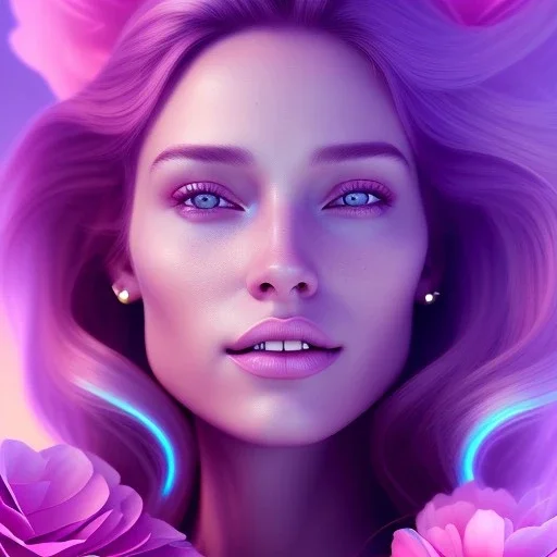 A portrait very beautiful woman ,smiling, longs hairs,elegant, atmospheric, realistic, cinematic lighting, pink blue light, 8k, galactic atmosphere, flowers