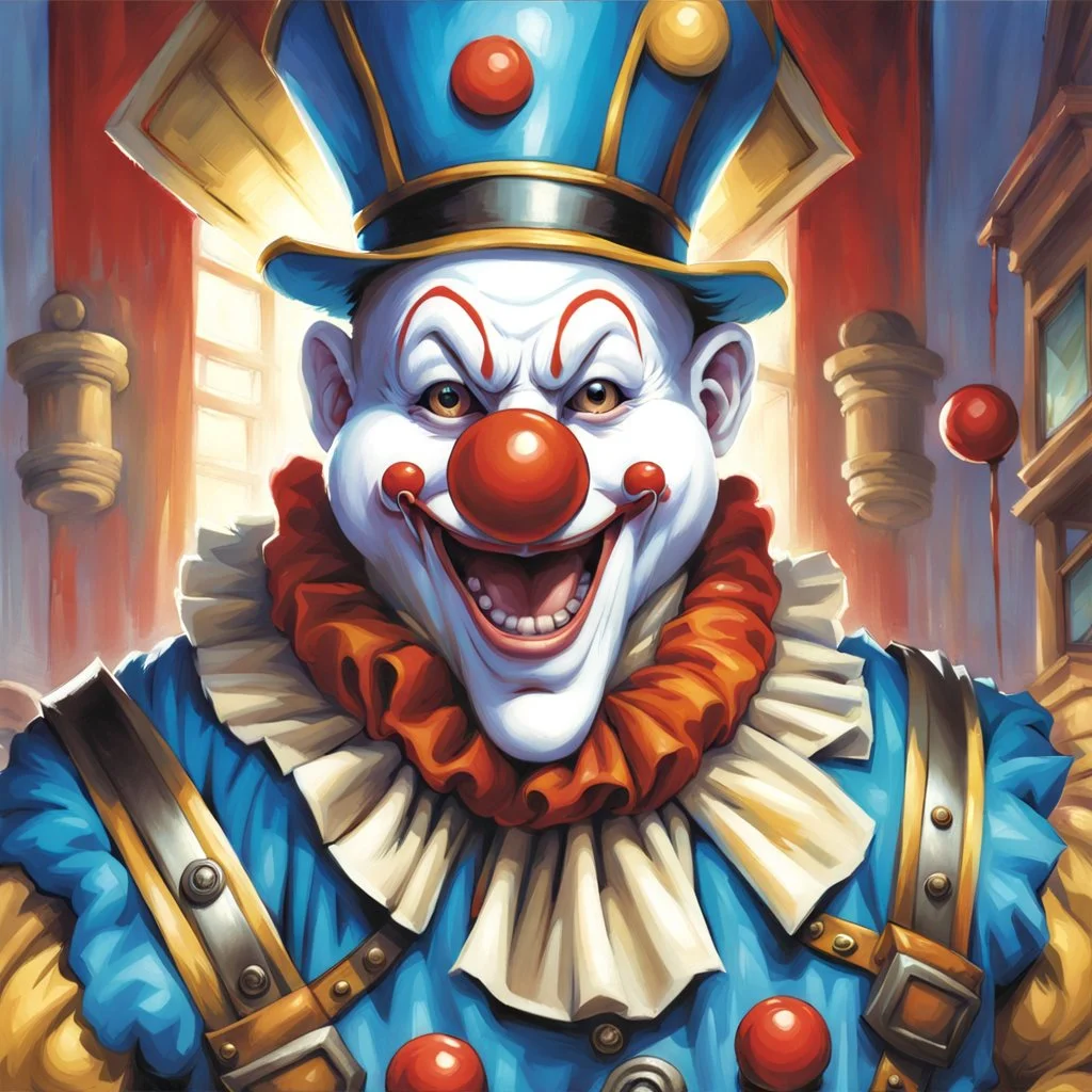 fantasy 90's tcg art clown with white mask happy heroic