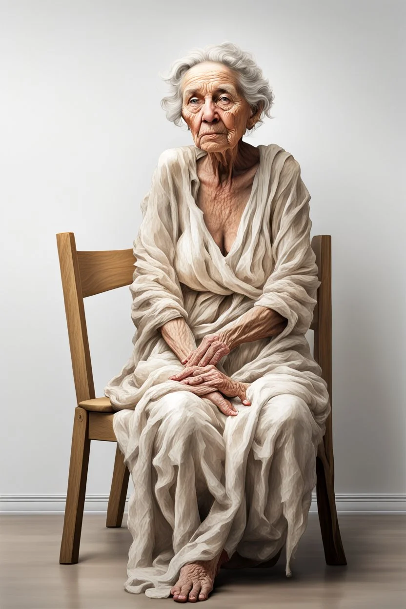 an old wrinkled woman sitting on a wooden chair, half dressed in dropped cloth, she is on display in a high end white art gallery, she is quite and no emotions, the original painting of Venus is on display on the wall, .ultra realistic photo,. highly detailed 32k, strange and weird modern art creation, surrealistic image