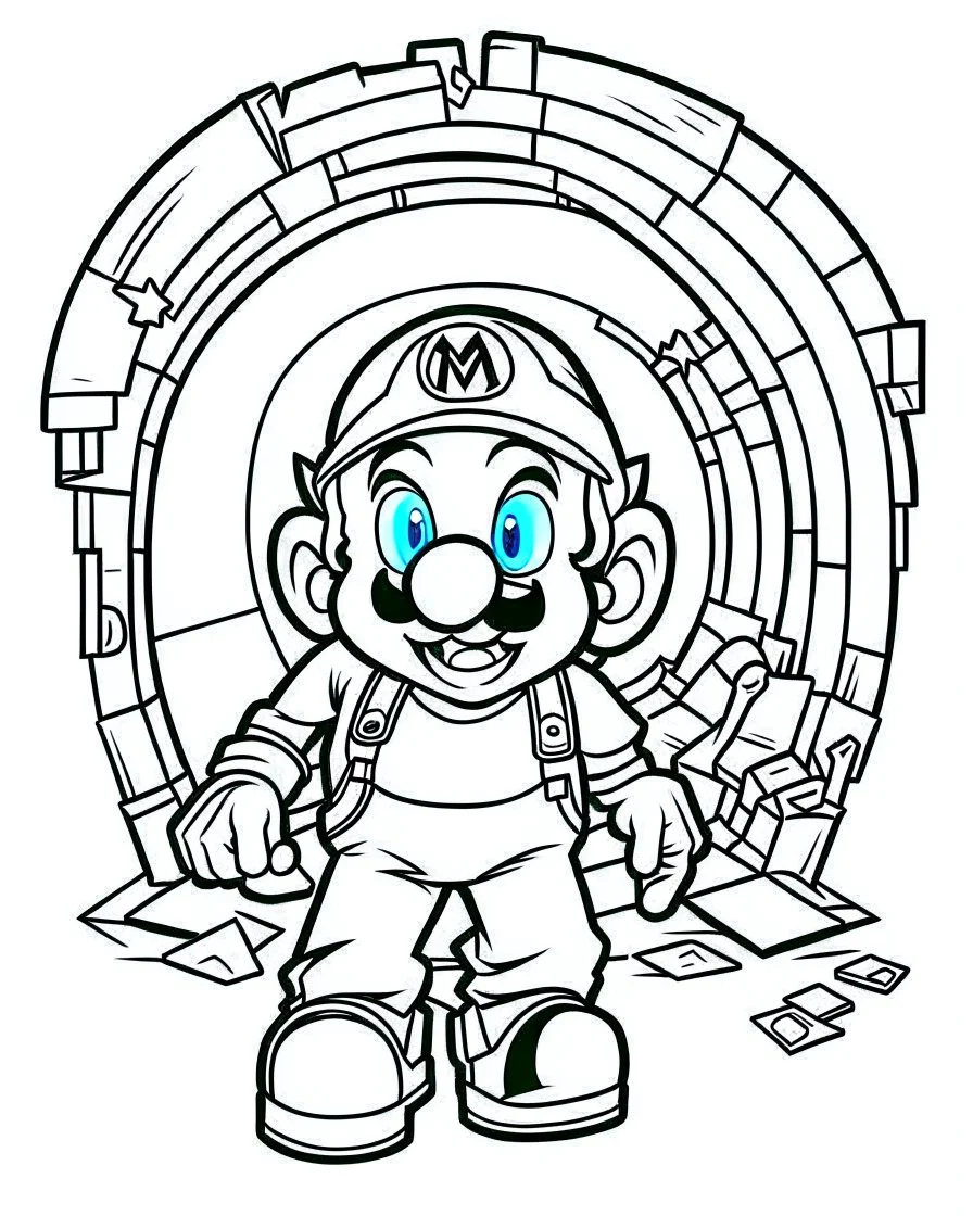 outline art for Mario In Tunnel coloring page, Japanese manga style, cartoon style, cute face, white background sketch style, full body is a must, only use outline, clean line art, no shadow, bold outline