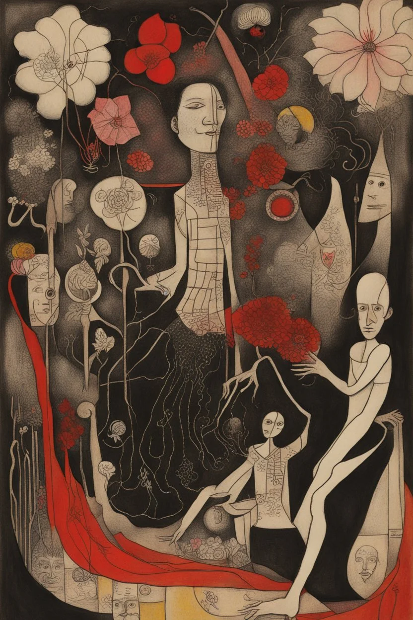 Schiță în creion de Jean Cocteau reprezentand o imagine pe tema oameni cu nume de flori , cu culori primare tari, fantezie de înaltă definiție calitate clară, stiluri de Utagawa Hiroshige, Paul Klee Dee Nickerson și Tim Burton, acuarelă topită și contururi de cerneală neagră pe hârtie umedă, linii moi, umbrite