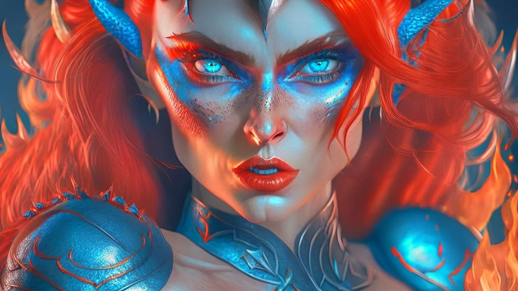 {devil elf} with {red} hair and with cute face, {fire}, blue eyes, skimpy leather clothes, stiletto heels, perfect composition, hyperrealistic, super detailed, 8k, high quality, trending art, trending on artstation, sharp focus, studio photo, intricate details, highly detailed, wide borders