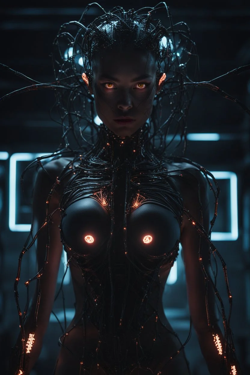 Demon girl, fullbody, creepy, horrifying, sinister, many wires connected to the head<perfect pupil> <cyborg> <garage> <sci-fi futuristic> lumen lighting, led lights, sparks around her, sparks cybernetic,high lighting, intricate, 8k, macro photography,