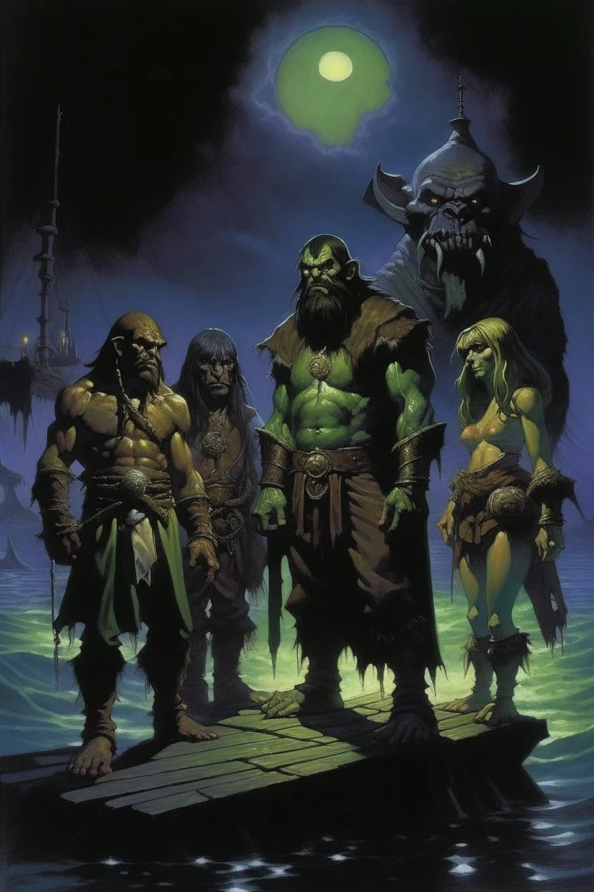 1970's dark fantasy cover dnd style oil painting of group of heros, an elf, a halfling, an gigant ogre, a human and an herbalist in the port at night with minimalist far perspective. Magazine.