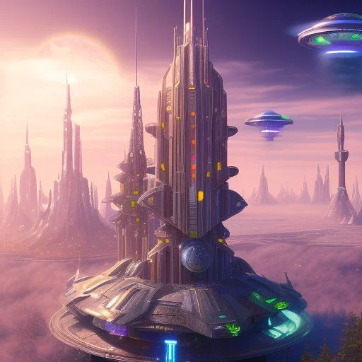 futuristic city with astroport and transparent bridges, galactic landsacape with multicolored crystals falling from the sky, full of details, smooth, bright sunshine，soft light atmosphere, light effect，vaporwave colorful, concept art, smooth, extremely sharp detail, finely tuned detail, ultra high definition, 4 k, unreal engine 5, ultra sharp focus