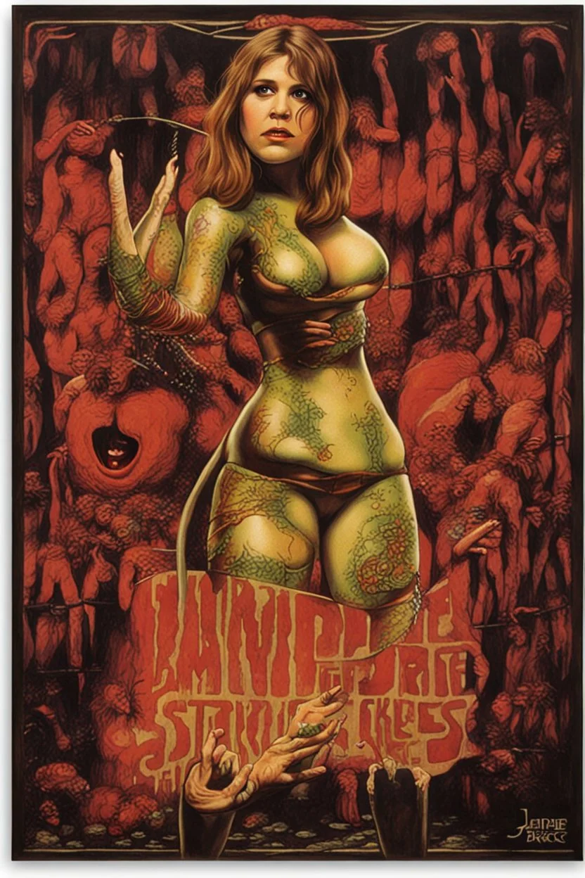 concert poster for movie: "the empire strikes back" featuring young carrie fisher as Princess leia in her slave bikini costume in Jabba the hutt's, style of artist "rockin jelly bean"