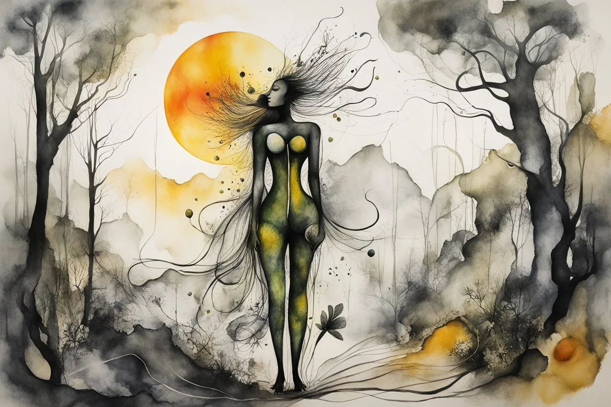 an abstract full body ink wash and watercolor lithographic print portrait illustration of her subconscious yearning to be as free as the unbridled wind whispering through an ancient forest , neo surrealism, biomorphism, abstract expressionism , striking, atmospheric, dreamlike, mystical, enigmatic, in the style of Joan Miro and Roberto Matta, in bold, vibrant plant based organic colors, boldly inked, hyper detailed , highly detailed feminine facial features, 4k