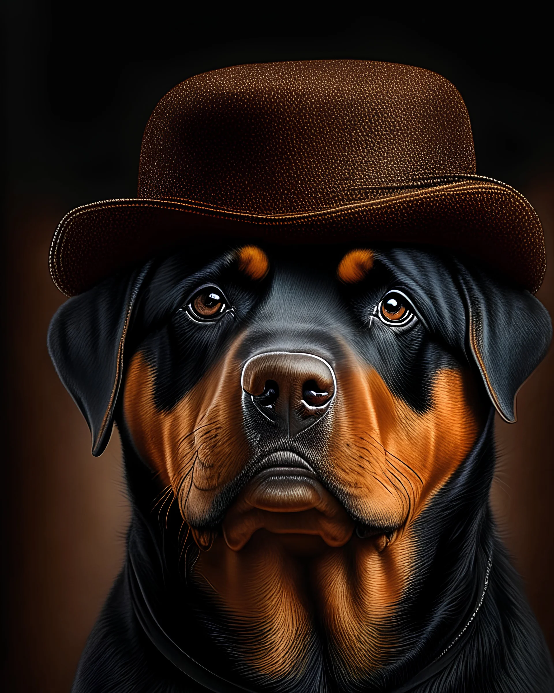 Portrait von Rottweiler mit Hut als Kupferstich