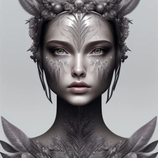 Portrait of beautiful girl, face dept of field,face shining, plant, metal, feathers,central weight average, CWA Dryad, fae, sidhe, ominous, nature, plants, wildflower sparkle,wildflower 3d view, facepaint, dnd character portrait, intricate, oil on canvas, masterpiece, expert, insanely detailed, 4k resolution, retroanime style, cute big circular reflective eyes, cinematic smooth, intricate detail , soft smooth lighting, soft pastel colors, painted Renaissance style,sharp fucus, bokeh,macro lens,