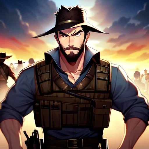 Clear Focus, High resolution, gunslinger, Bearded, short brown hair, serious eyes,