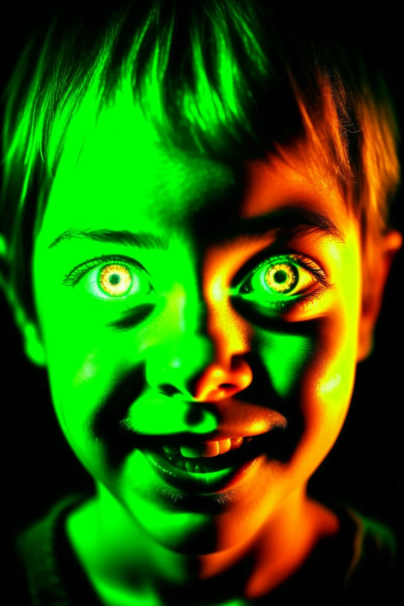 Face of an evil child with a demonic smile, white eyes, surrounded by flames, youthful green lighting.