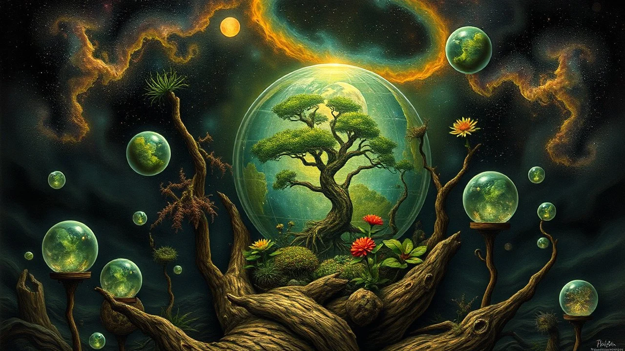 Hieronymus Bosch style nightmares plants in the galaxy , the plant earth globe, crystal balls