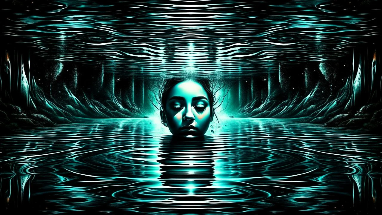 A digital illustration with a surreal and dreamlike quality, showing an out of body floating face down looking through liquid crystal among amnesiac water. The dark center of the scene adds a sense of foreboding and uncertainty, creating a captivating visual puzzle for the audience to unravel