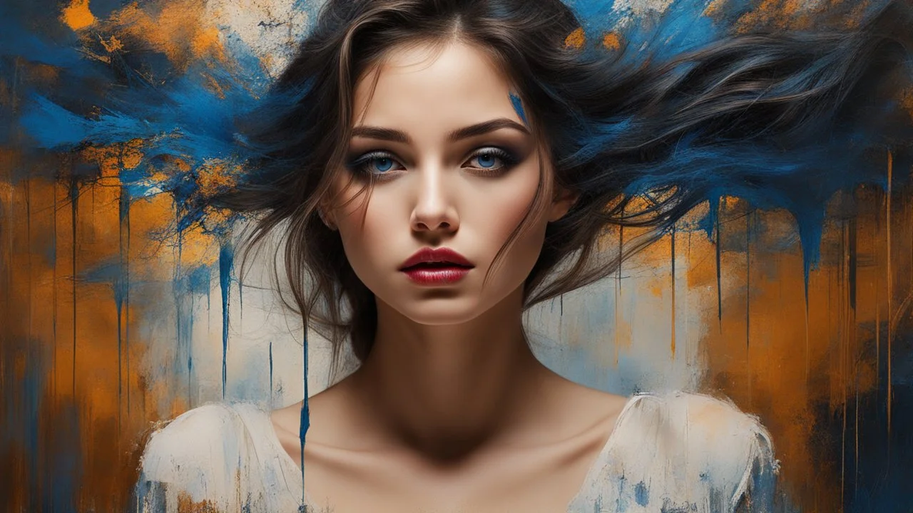 masterpiece, best quality, ultra high res, 1girl, (abstract art:1.4), bleeding blue, blue theme, visually stunning, beautiful, evocative, emotional, side view,