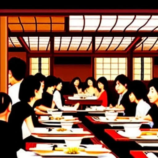 Escena de restaurante japones lleno de personas comiendo