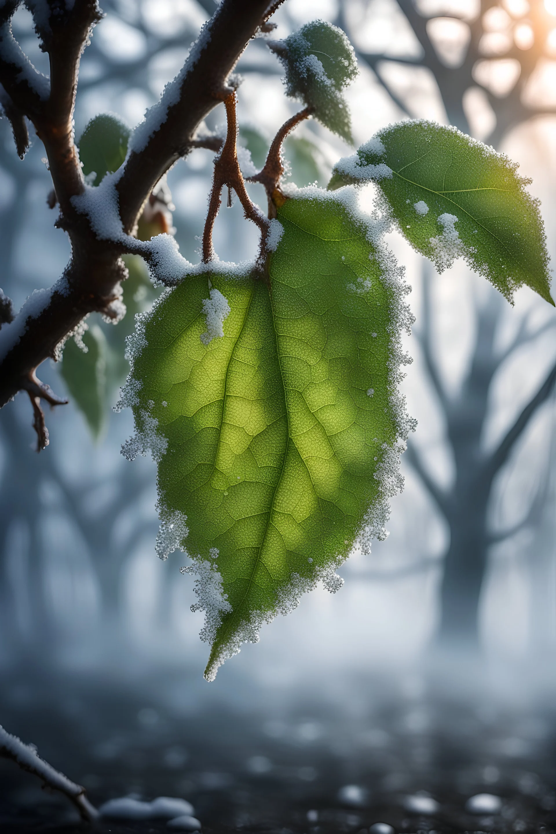 Ginger apple leaf frozen on the tree, frozen morning with fog , beautiful reflections, natural vivid colors, dynamic light and shadow, very detailed scene with intricate details,