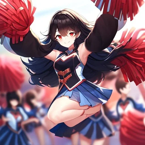 Clear focus, High resolution, long black fluffy hair, red eyes, chopped bangs, wearing a cheerleading outfit, jumping, wearing a skirt, legs together, smiling, Extreme Close up of eyes