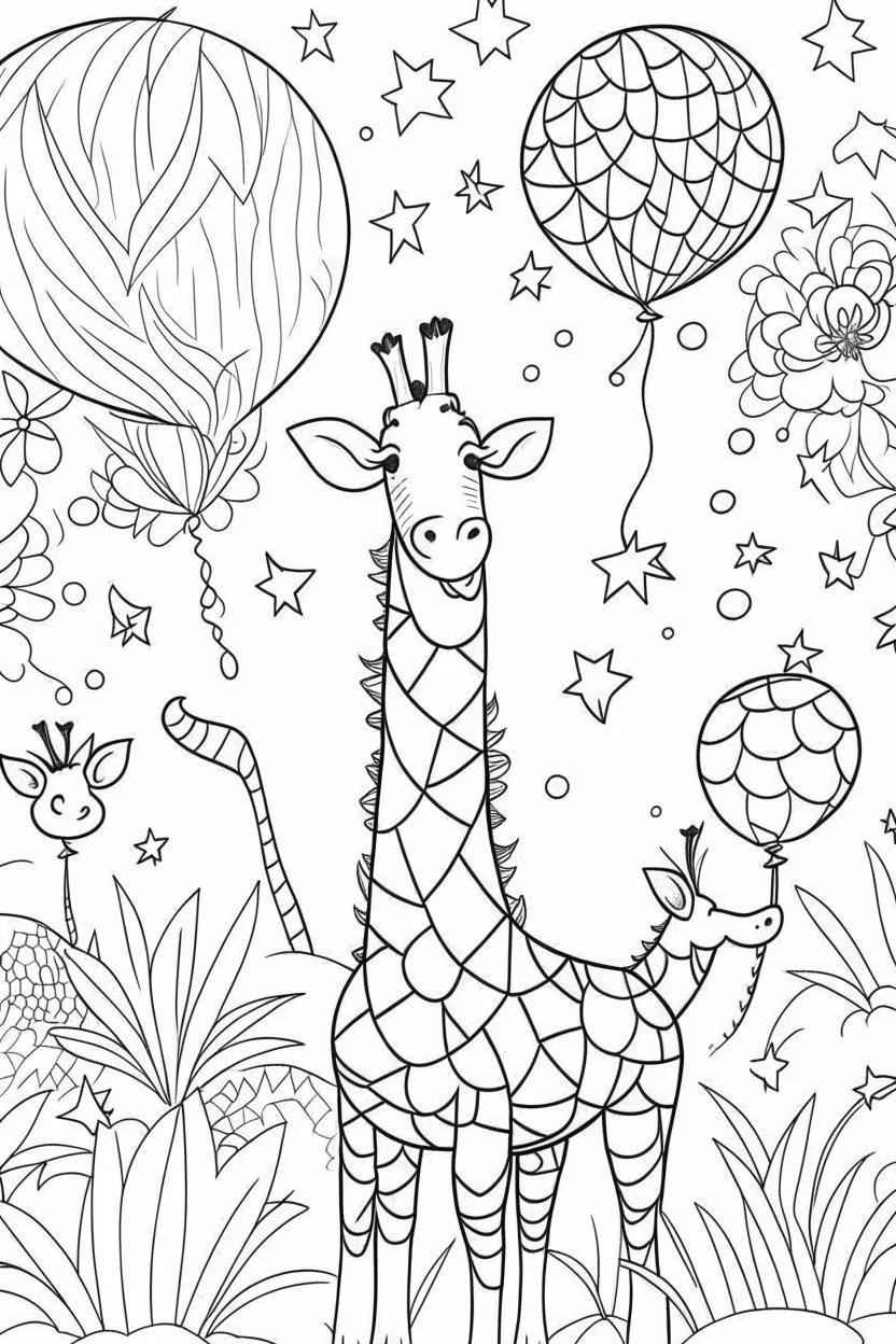 HAPPY NEW YEAR colouring page for kids,Giraffe reaches for starlit balloons, thick outline, low details, no shading, no colour