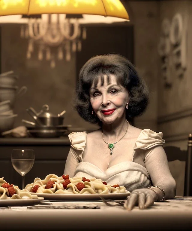 Ultra realistic photographic portrait, happy elegant Gina Lollobrigida woman sitting with arms resting on Italian kitchen table, pretty tortellini dish, classic style decoration, cold, soft color, highly detailed, unreal engine 5, ray tracing, RTX, lumen lighting, ultra detail, volumetric lighting, high definition.