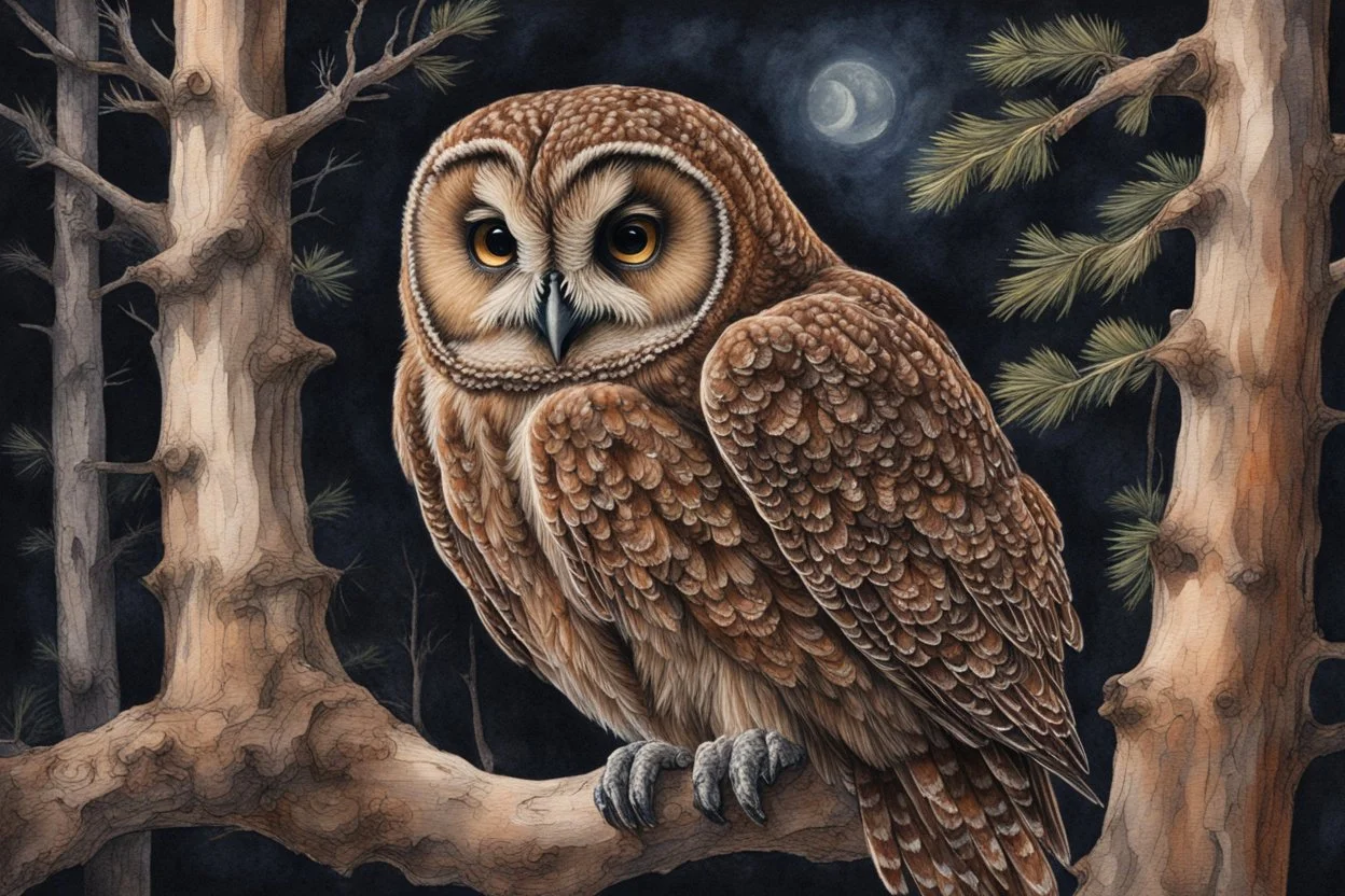 Brown Tawny Owl, pine tree, forest, autumn, dark night highly detailed intricate intricate details high definition crisp quality beautiful lighting pencil sketch watercolor dramatic lighting Deep shadows Warm colors warm light