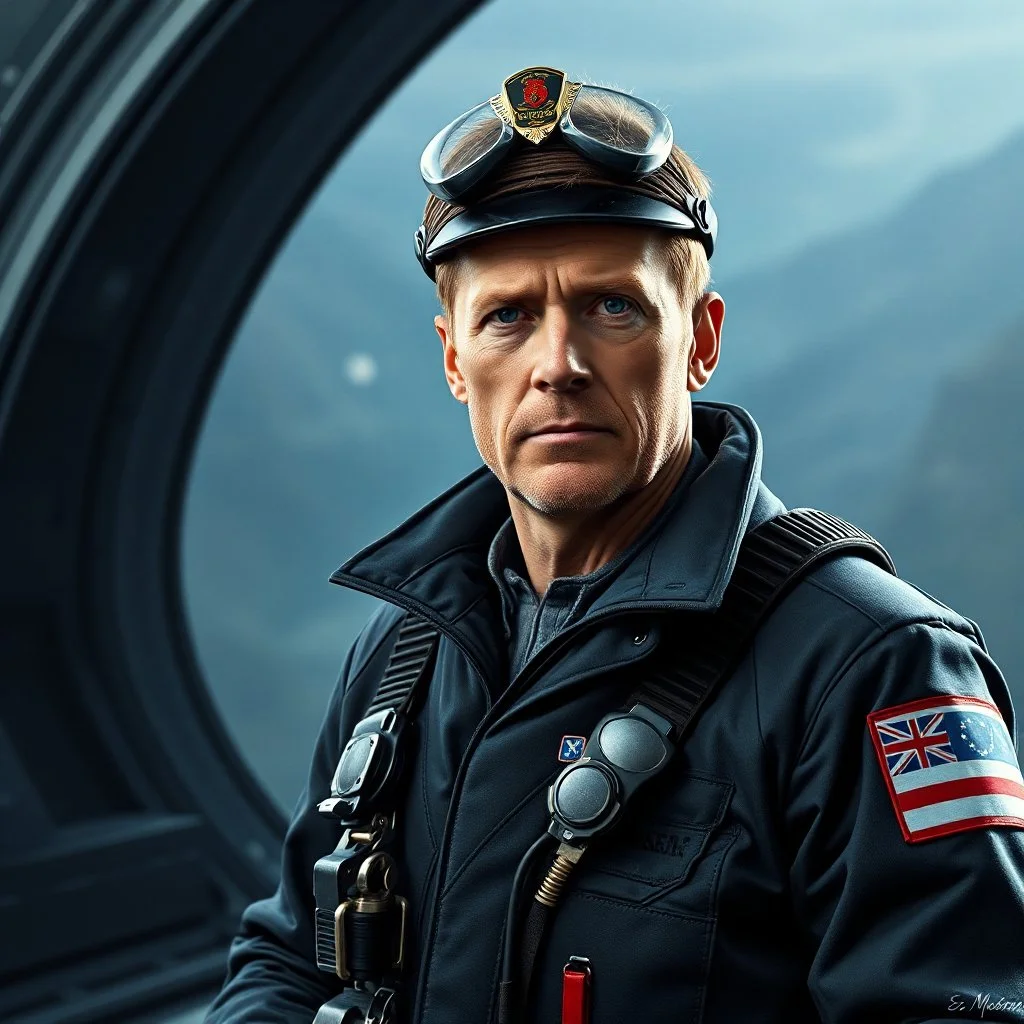 Portrait of german actor Dietmar Schönherr as Cliff Allister Mclane, captain of the space patrol ship orion, photo realistic