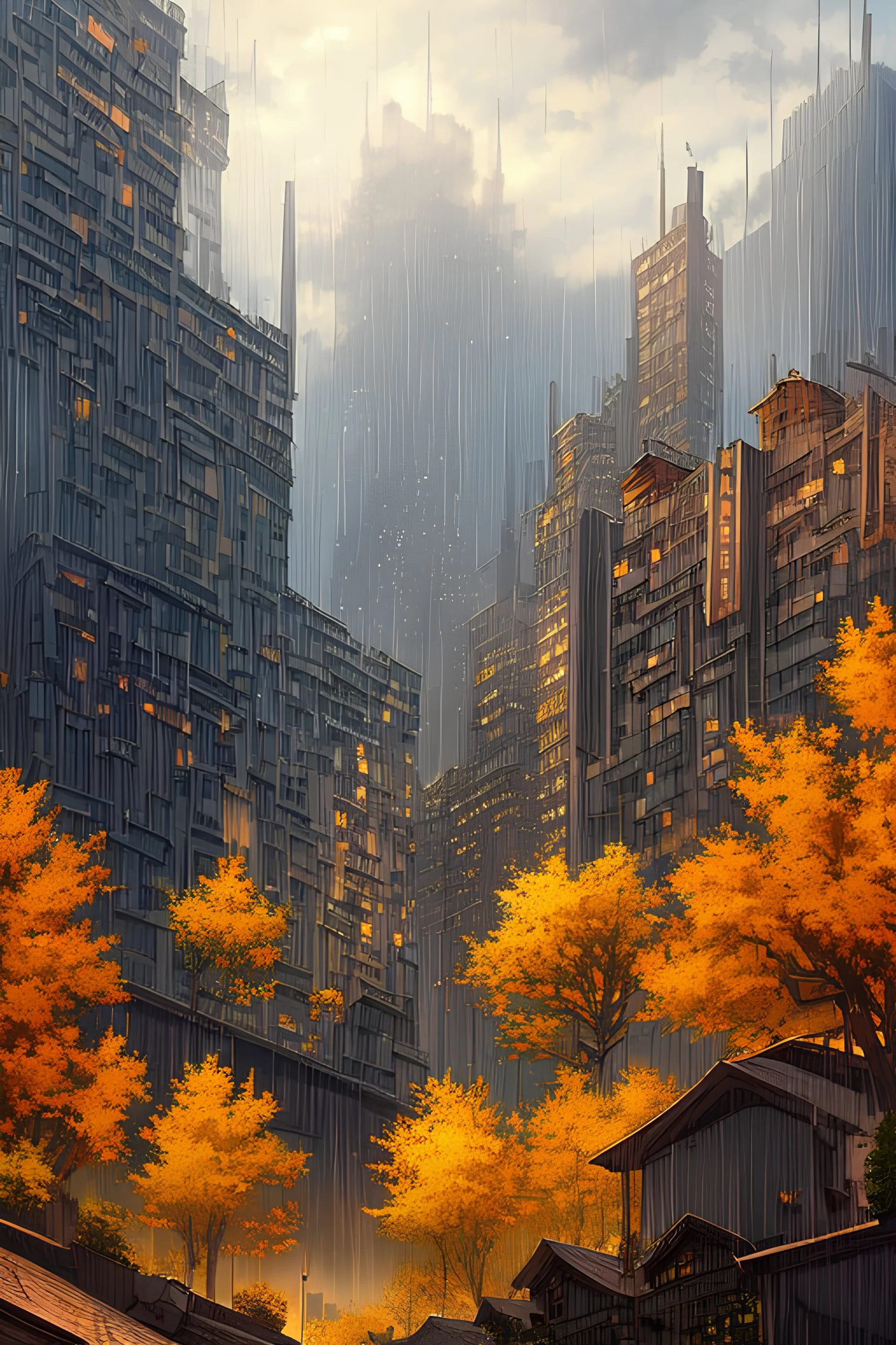 , high-rise buildings on the background, roofs of buildings in the clouds, rain, cloudy, dull colors, loneliness, hyperbalized buildings, puddles, autumn, trees with yellow leaves, foliage on the asphalt, buildings in the thickets, vines on buildings