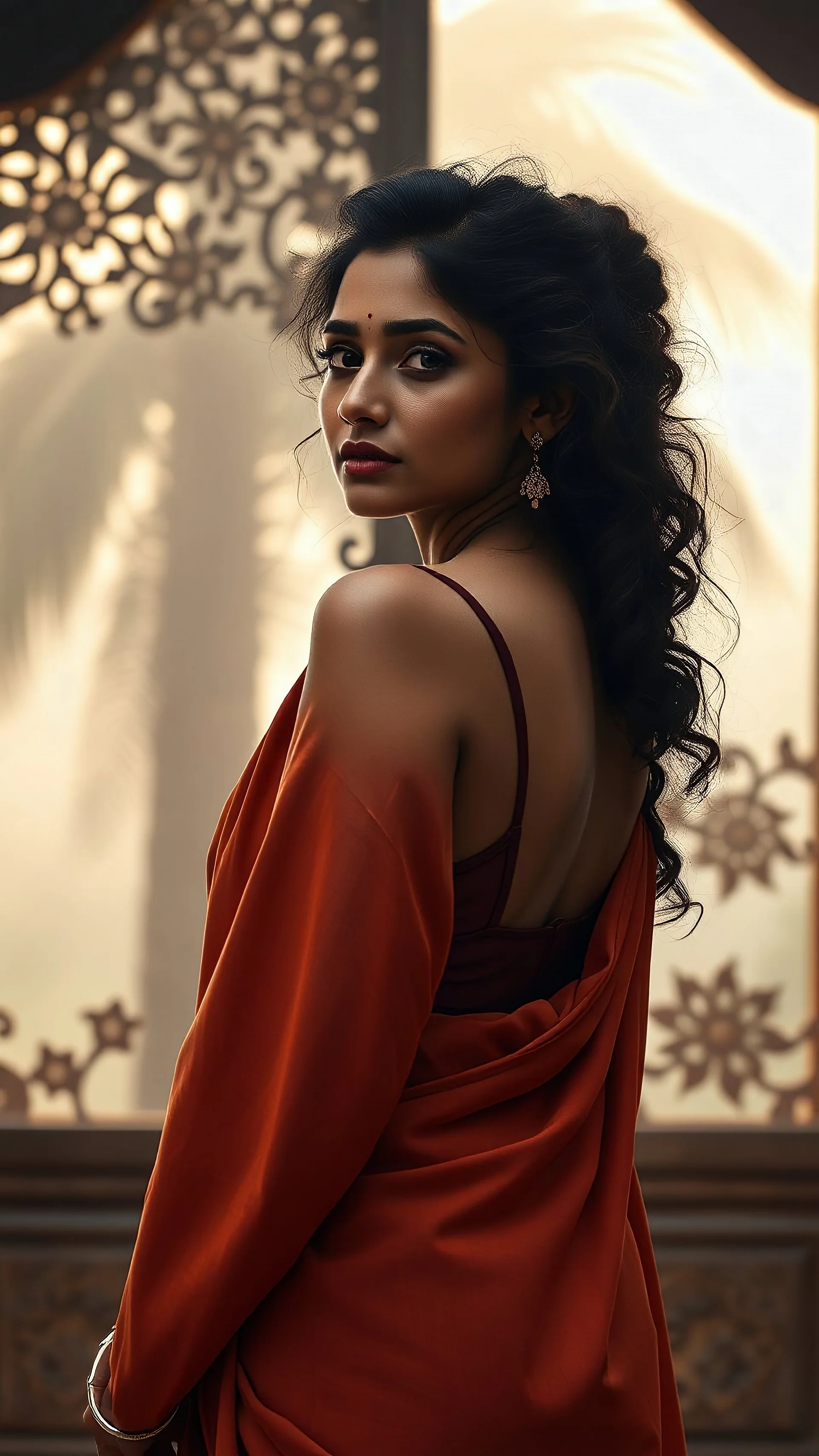 A divine South Asian woman stands in quiet grace, draped in a designer saree of earthy clay tones, evoking the warmth of Bengal soil. Her modern blouse features a deep back cut and minimalist straps, blending tradition with contemporary elegance. Her teary eyes shimmer with emotion, her serene face framed by soft curls and a subtle bindi. Behind her, a carved wooden door with intricate floral and geometric patterns glows in the misty golden light of Diwali. A tall palm tree looms through the fog