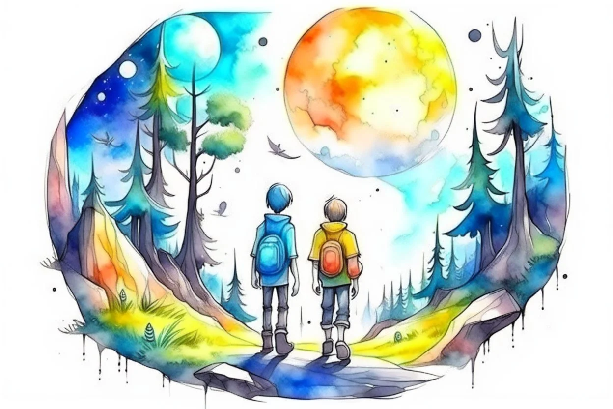 concept art water color style for teenagers in other planet watching the moon and mountains having adventure two teenagers mystery weird cretures trees exiting