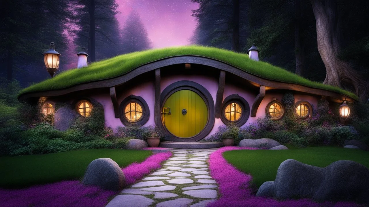 hobbit cottage in the woods surrounded by trees, night, whimsical feel, pinks, blues, purple and green colors, circular hobbit-style door with central knocker, circular hobbit-style windows, green grass roof, lanterns, starlight, chiaroscuro, quaint, homely, inviting, LOTR, Tolkien