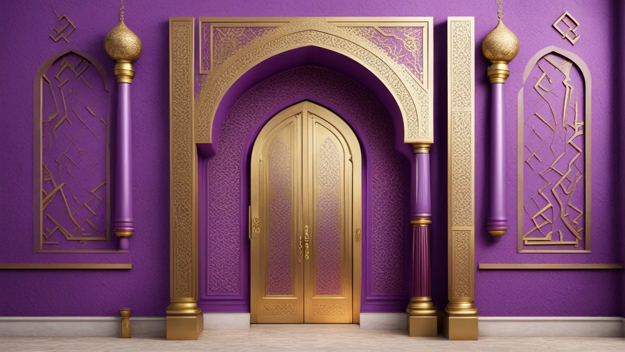 Hyper Realistic Islamic Architectural-Open-Golden-Door-&-Wall on Purple-Rustic-Wall with maroon-crafting-on-white-pillars