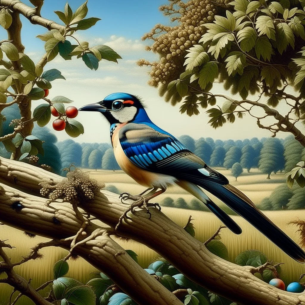 Wildlife painting in the style of Charles Tunnicliffe, showing a European Jay, perched upon the branch of a tree in the English countryside. Modifiers: oil on canvas Art Nouveau 1950s style oil on canvas wildlife art Charles Tunnicliffe ladybird books Art Nouveau oil on canvas oil on canvas
