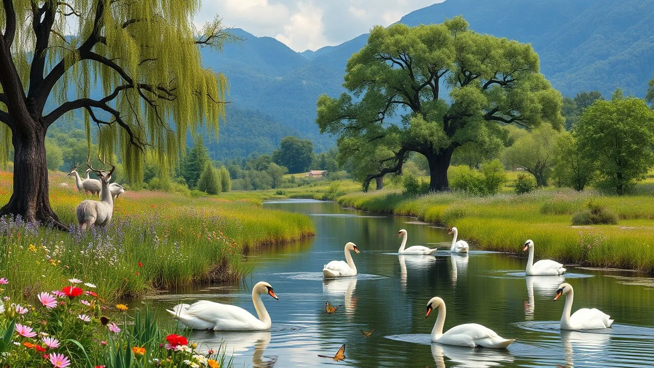 a beautiful river in country side and big tree,wild flowers and swans in river 2 pretty Deer with horns in plants,butterflies around flowers,heaven escape