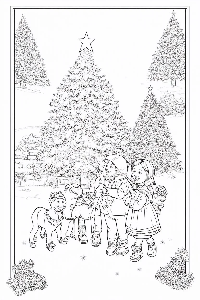 coloring page of a Christmas drawing, A4, white background, black and white, fun children book style