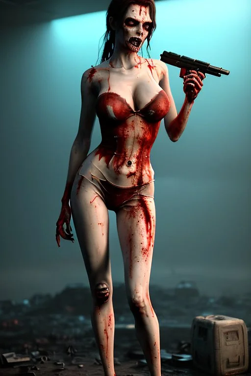 12k ultra-high-definition rendering of a zombie model in a photo studio ,The zombie, adorned in a red ripped tight dress, ripped sideways from top to bottom, long slit, shoes are fashionable platforms, big gun on side thigh, exudes a sinister aura under the studio's dark and mysterious lighting