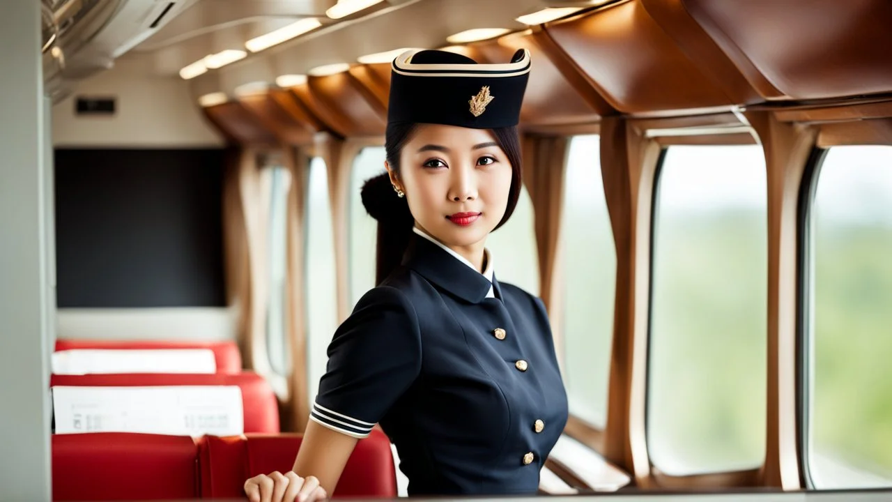 A very pretty Asian model in an air hostess uniform looking out of the window