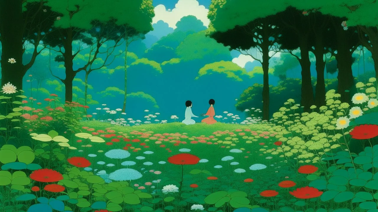 An illustration by Miyazaki and Monet of of individuals practicing yoga surrounded by blooming flowers and lush vegetation.