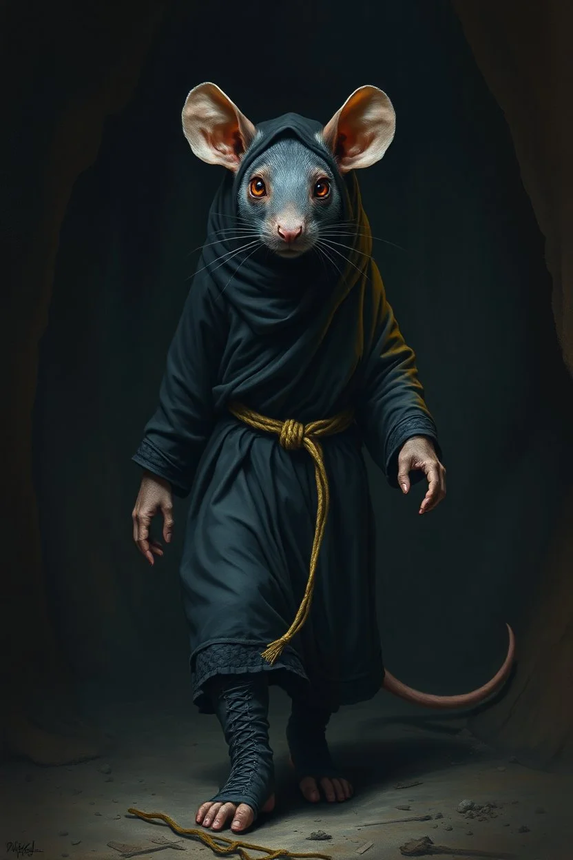 boots , the yoga rat man, big black iris eyes with yellow glints, ou’re looking at someone who doesn’t just walk into shadows—they belong to them. The black robes cling like a second skin, the belt tied tight with gold thread that catches the light only when he moves. His face is wrapped, but not hidden—his eyes glow like embers, red and steady, as if he’s already seen what waits inside the cave. The tail curls behind him, not in fear, but in readiness. He doesn’t need a torch, by Rembrandt