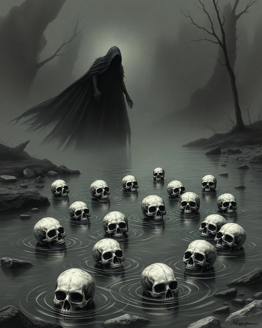 Death is all over the river , 12 skulls are floating, a giant black shadow standing on the river bank watching the skulls on the water surface