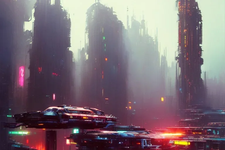 Art by John Berkey and John Harris and Craig Mullins, futuristic cyberpunk city, high rise, smooth, sharp focus, hyper detailed, digital painting, elegant, centered, detailed, neon signs, volumetric lightning, brutalist architecture, 8k, flying hover cars