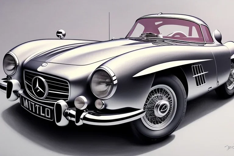 a true-to-life 1955 Mercedes Benz 300 SLR, classic wheels, two-tone paintwork, centered, intricate, extreme detailed, photorealism, center view, stylized random background, pivot on mercedes, pen and color marker painting by cheryl kelley