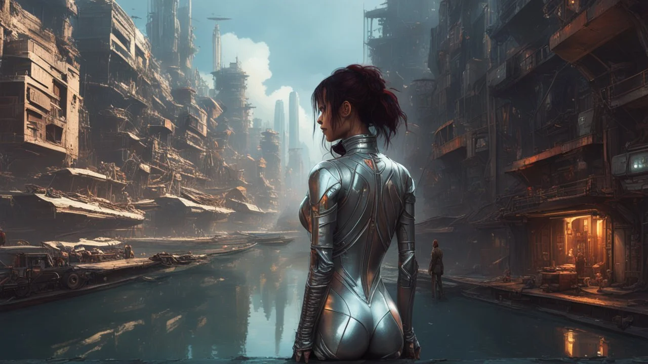 woman in a silver catsuit looking at a view of buildings made of reused dirty rusty metal next to a futuristic canal junction, cyberpunk, many painted colours, flying boats, balconies, bridges, people, shopping, eating, walking, fifth element, ghost in the shell, altered carbon, Ian McQue a masterpiece, 8k resolution, dark fantasy concept art, by Greg Rutkowski, dynamic lighting, hyperdetailed, intricately detailed, Splash screen art, trending on Artstation, deep color, Unreal Engine, volumetric