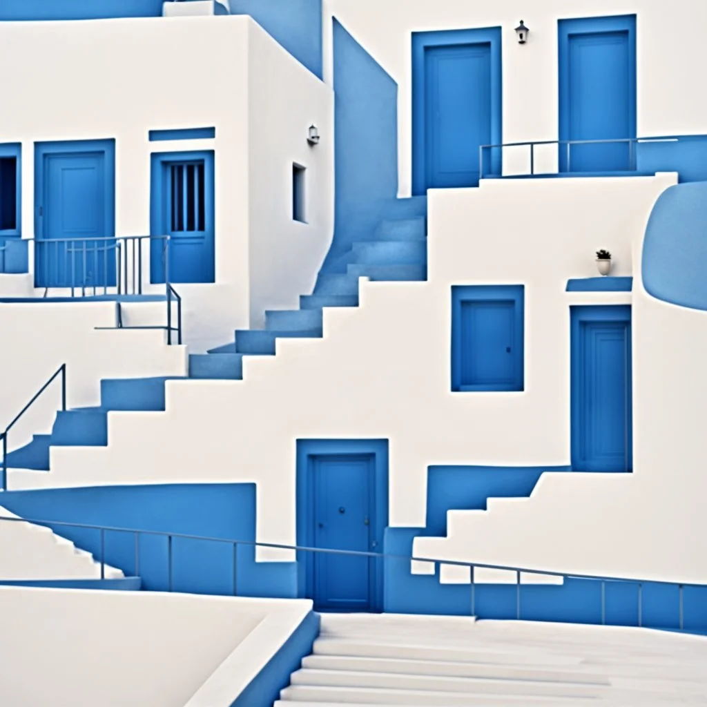 Minimalist abstract cyanotype photo of stairs outside a Greek house