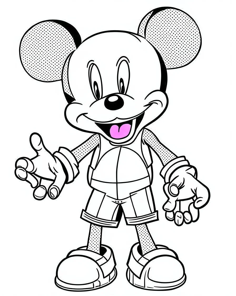 outline art for Mickey Mouse coloring page, Japanese manga style, cartoon style, cute face, white background sketch style, full body is a must, only use outline, clean line art, no shadow, bold outline