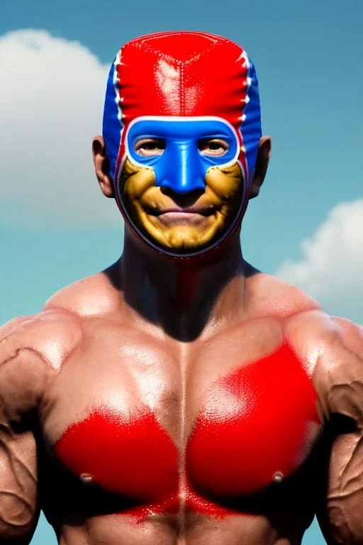 realistic image of joe biden as a mexican wrestling fighter posing, Mexican eyes wrestling mask, red and blue breeches, retro style, 80s, vibrant color, highly detailed, sky background, concept art, unreal engine 5, god rays, ray tracing, RTX, lumen lighting, ultra detail, volumetric lighting, 3d, finely drawn, high definition, high resolution.