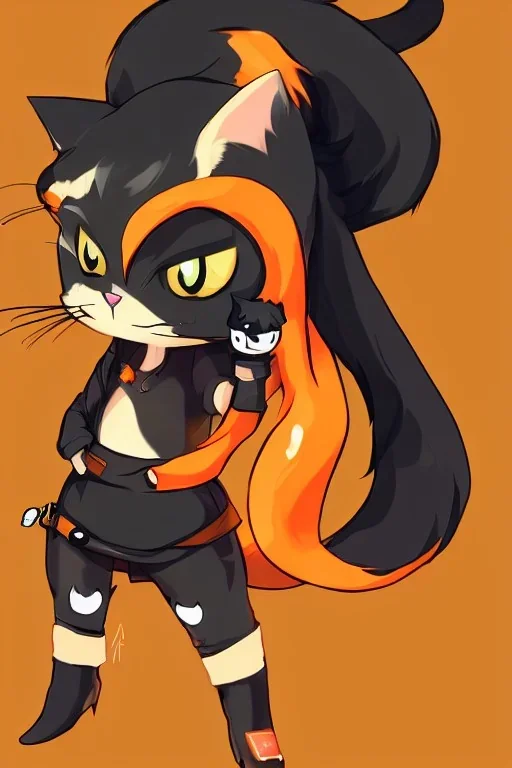 cat 2d, ninja, black fur,full body, orange torn coat,game character, strong, anime, chibi,